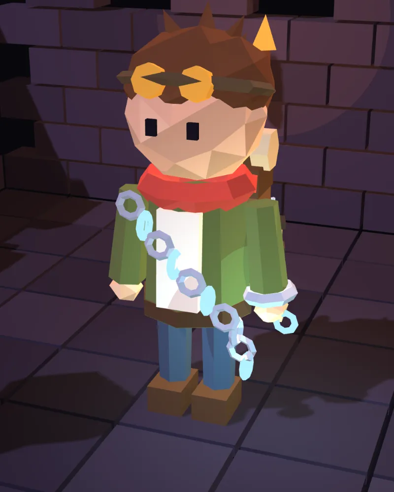 Close-up of Wren with goggles, red scarf, green jacket and a glowing chain across the chest